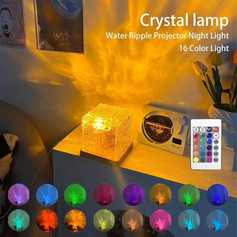 LED Water Ripple Crystal Table Lamp – 16 Color RGB Dimmable Ambient Night Light with Remote Control